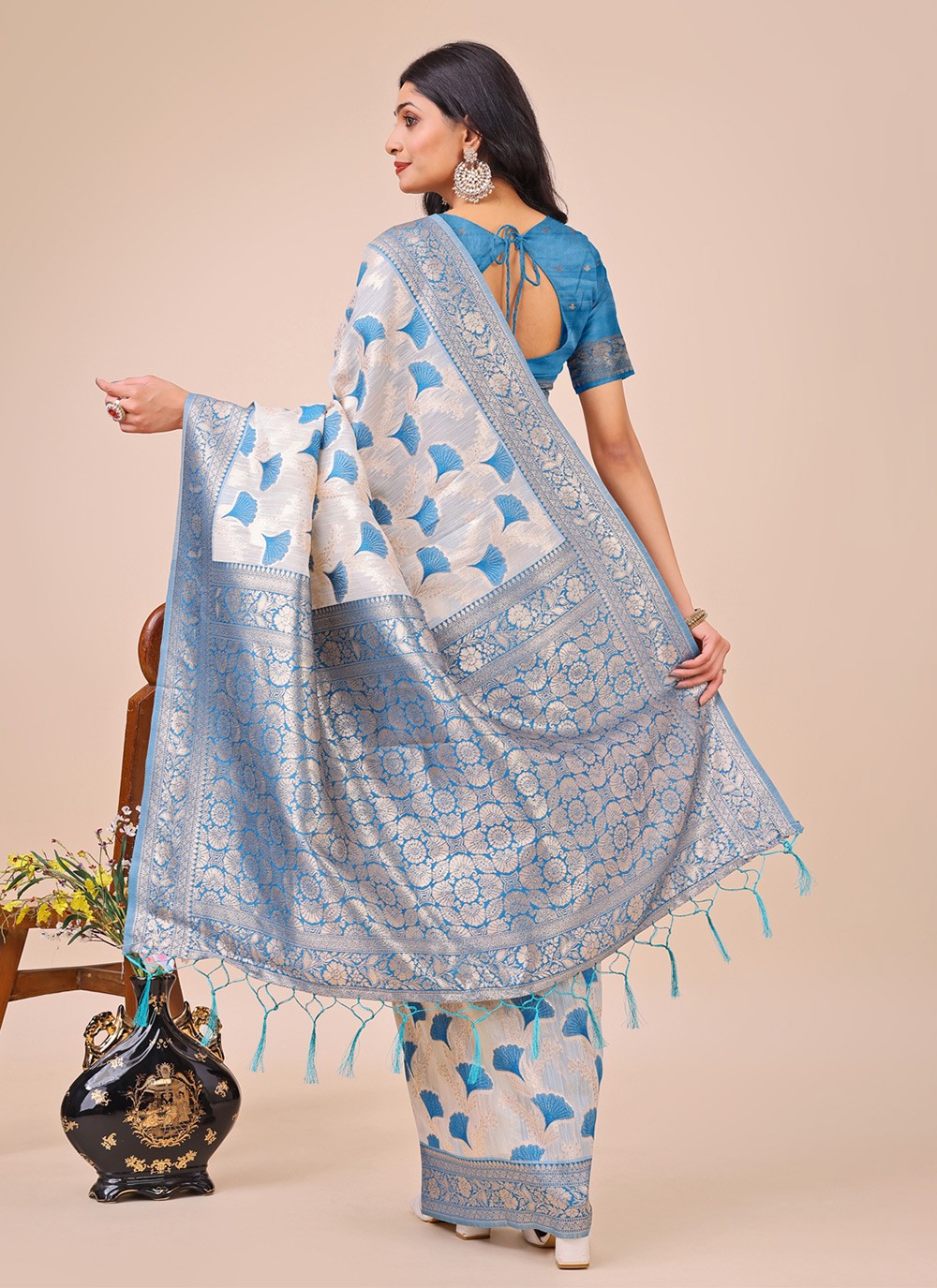 Woven Cotton Aqua Blue Contemporary Saree S15149