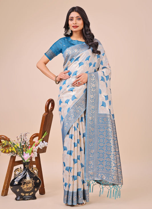 Woven Cotton Aqua Blue Contemporary Saree S15149