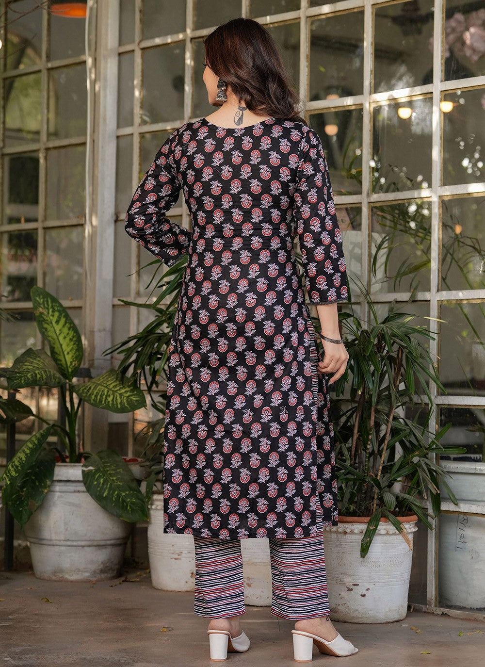 Printed Cotton Black Pant Style Suit T6097