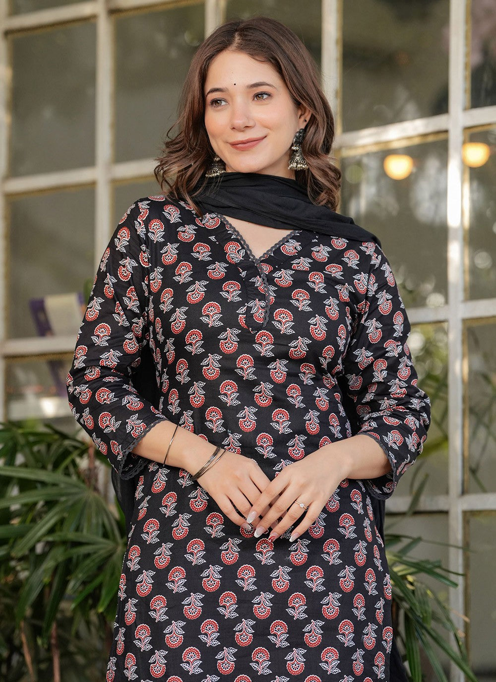 Printed Cotton Black Pant Style Suit T6097