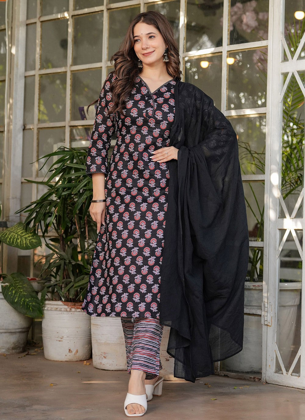 Printed Cotton Black Pant Style Suit T6097