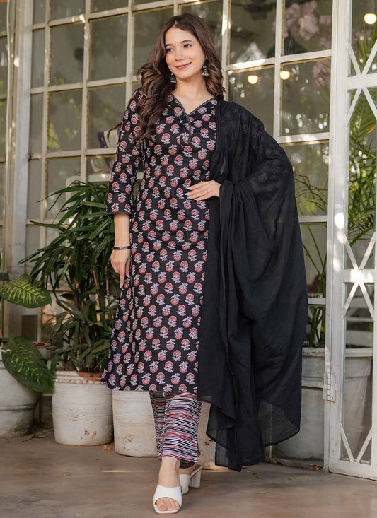 Printed Cotton Black Pant Style Suit T6097