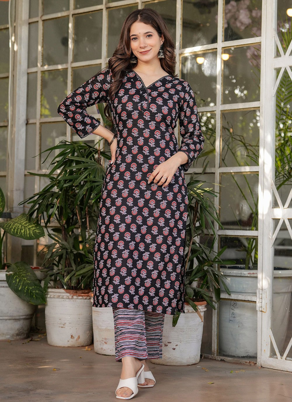 Printed Cotton Black Pant Style Suit T6097