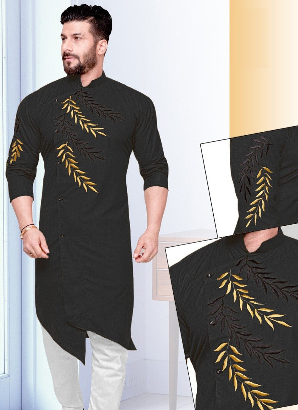 Resham Cotton Black Kurta - M2248