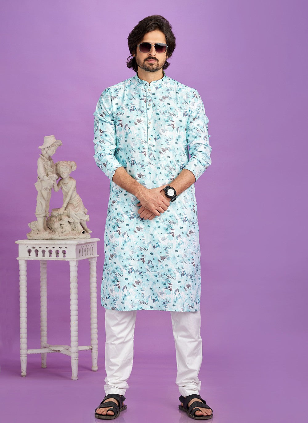 Digital Print Cotton Blue Kurta Pyjama - M6960