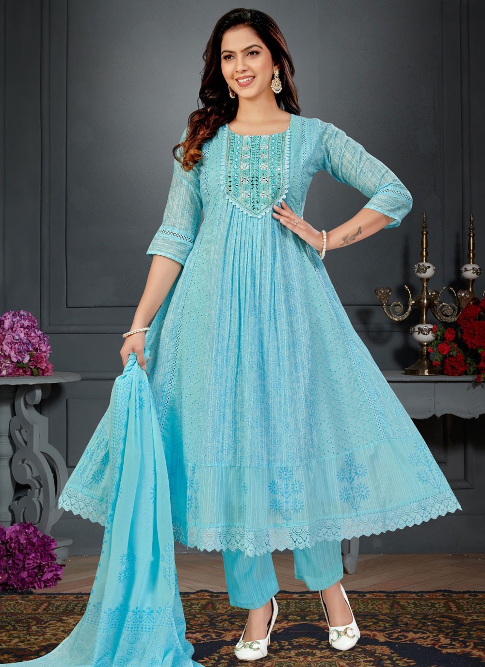 Anarkali Chikankari Work, Embroidered, Mirror Blue T8410