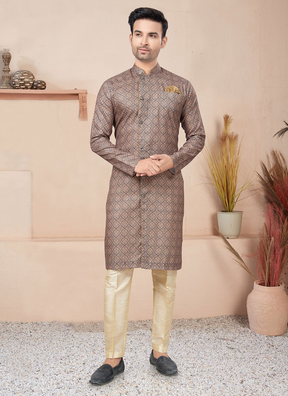 Fancy Work Cotton Brown Indo Western - M6213
