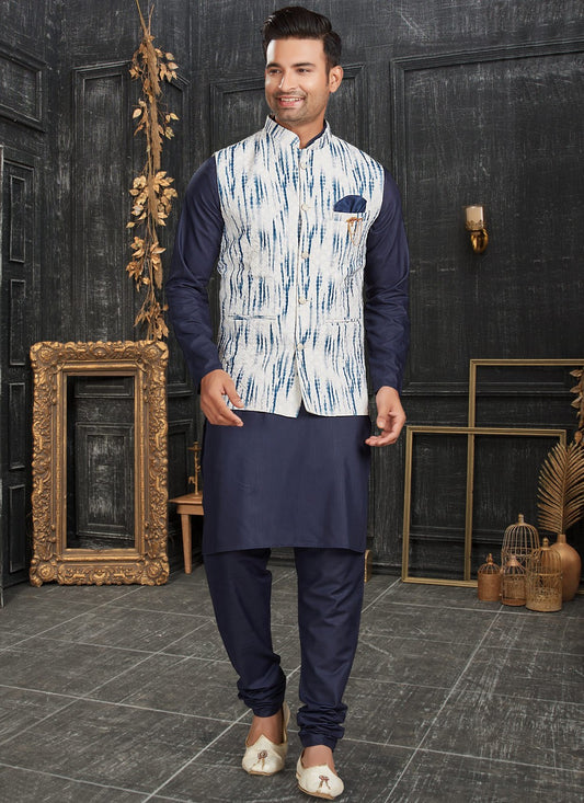 Chicken Cotton Blue, Off White Kurta Payjama With Jacket - M4624
