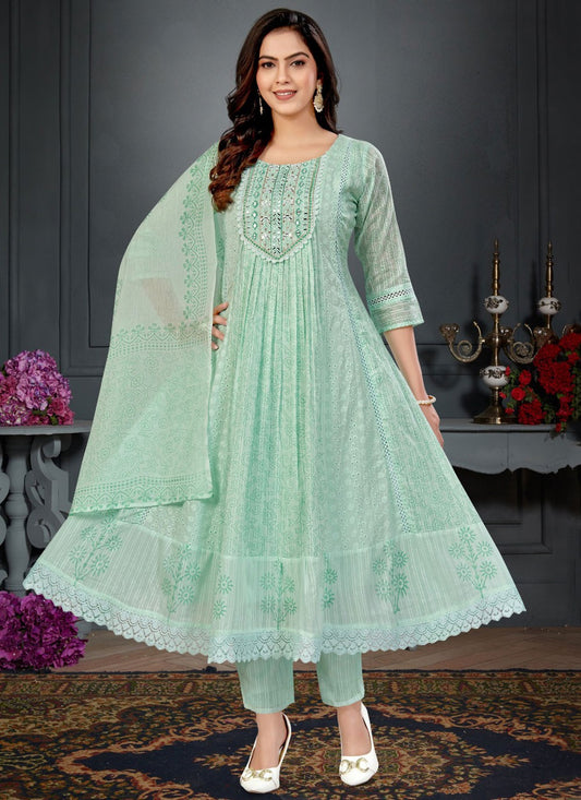 Anarkali Chikankari Work, Embroidered, Mirror Sea Green T8408