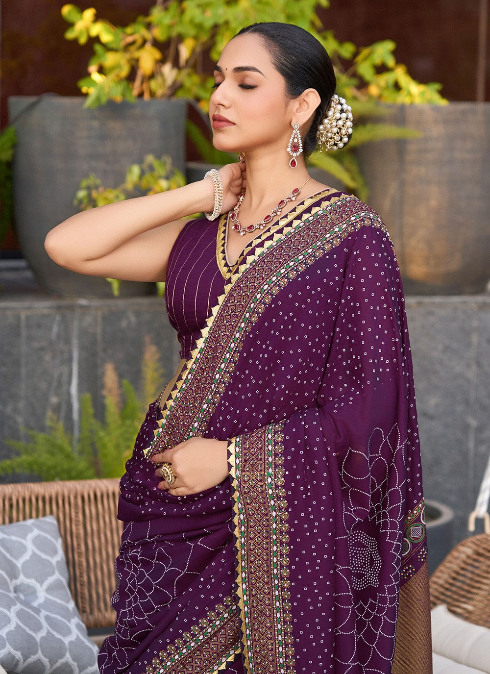 Violet Cotton Contemporary Saree Foliage Prints S15920