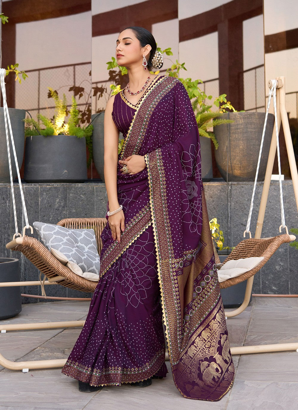 Violet Cotton Contemporary Saree Foliage Prints S15920