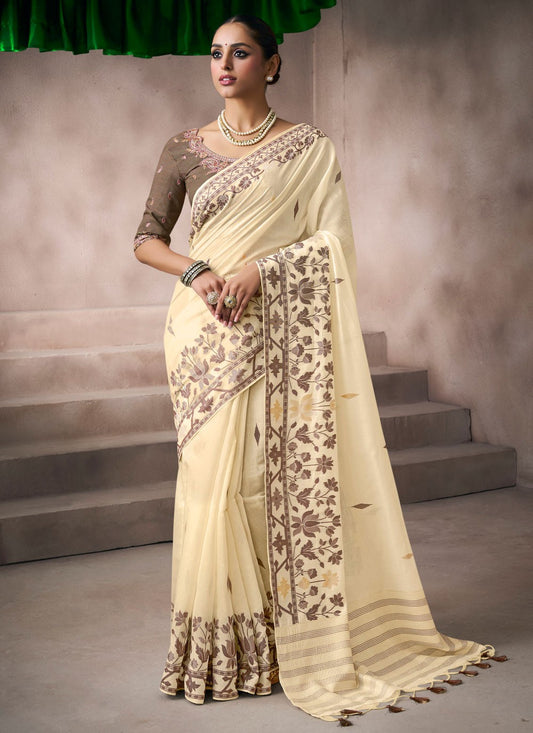 Cream Cotton Classic Saree Fancy Work S19863