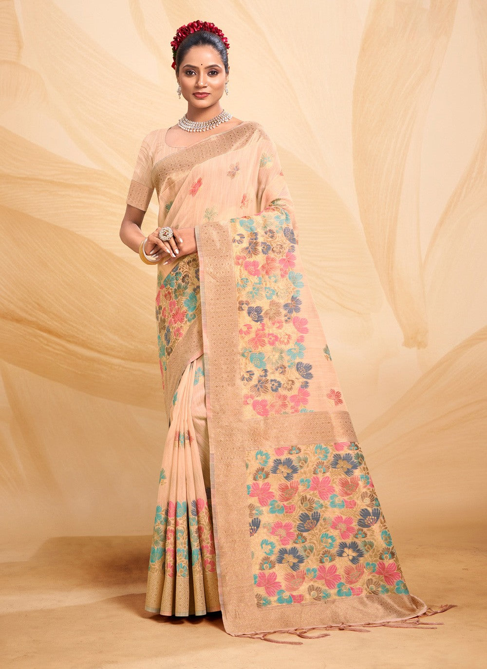 Traditional Floral Printed Cotton Saree - S5117