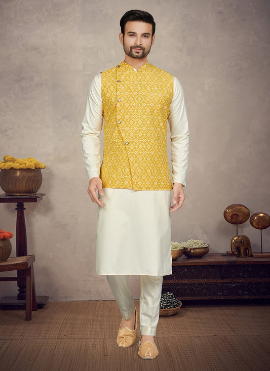 Digital Print Cotton Cream, Yellow Kurta Payjama With Jacket - M5842