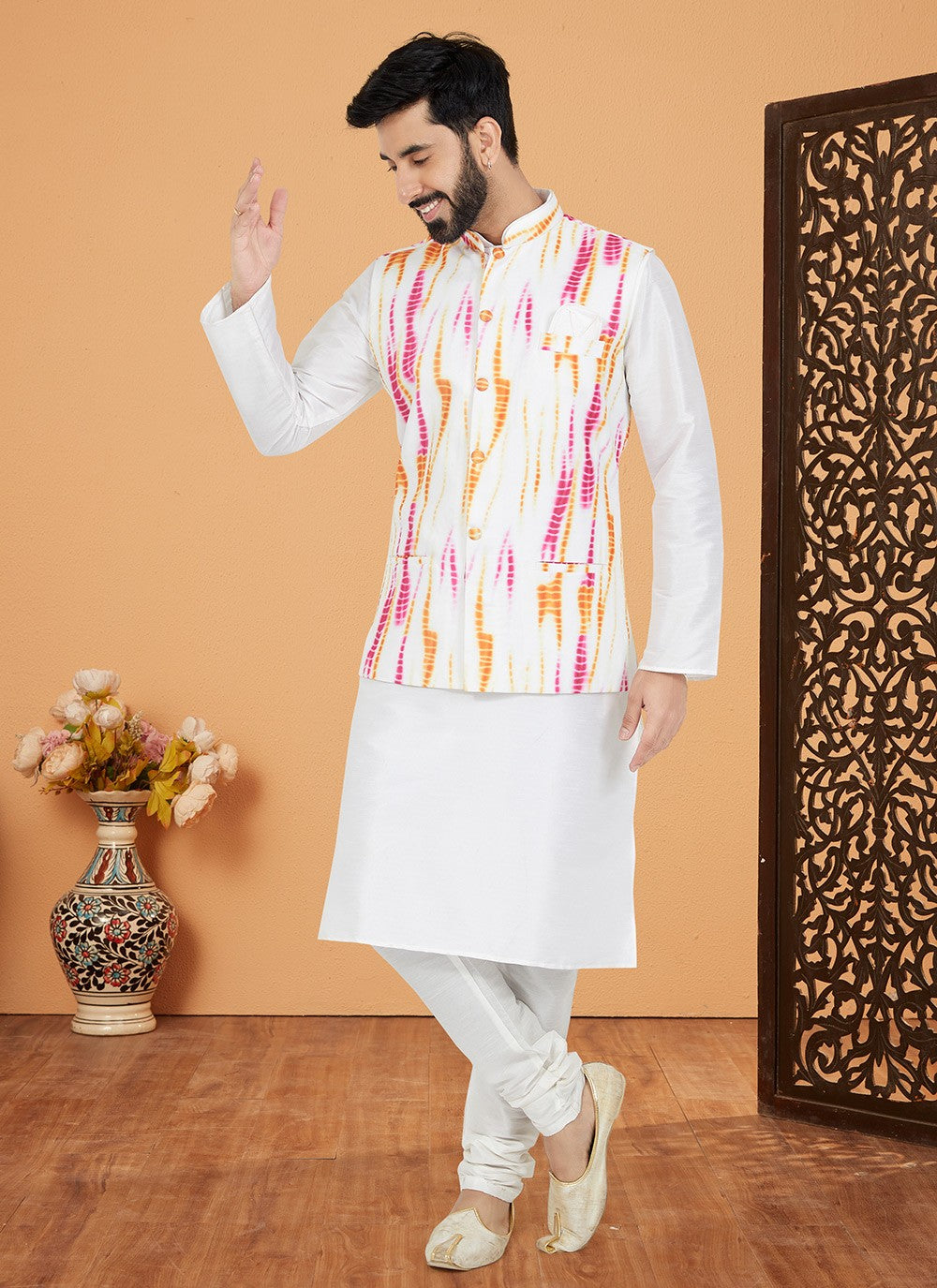 Digital Print Cotton , Dupion Silk Multi Colour, White Kurta Payjama With Jacket - M5526