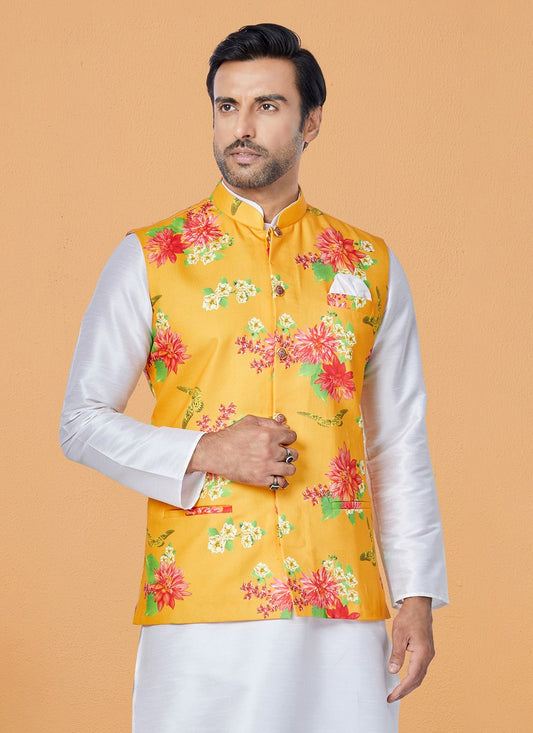 Digital Print Cotton Mustard Nehru Jackets - M7393