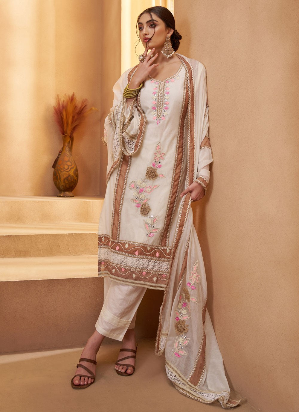 Pant Style Suit Embroidered, Fancy Work, Mirror, Thread White T7943