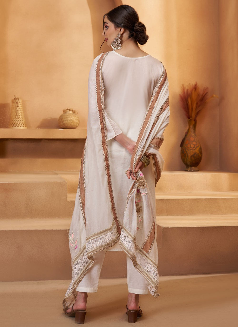 Pant Style Suit Embroidered, Fancy Work, Mirror, Thread White T7943