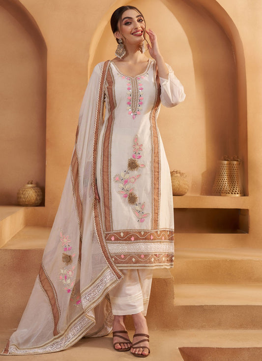 Pant Style Suit Embroidered, Fancy Work, Mirror, Thread White T7943