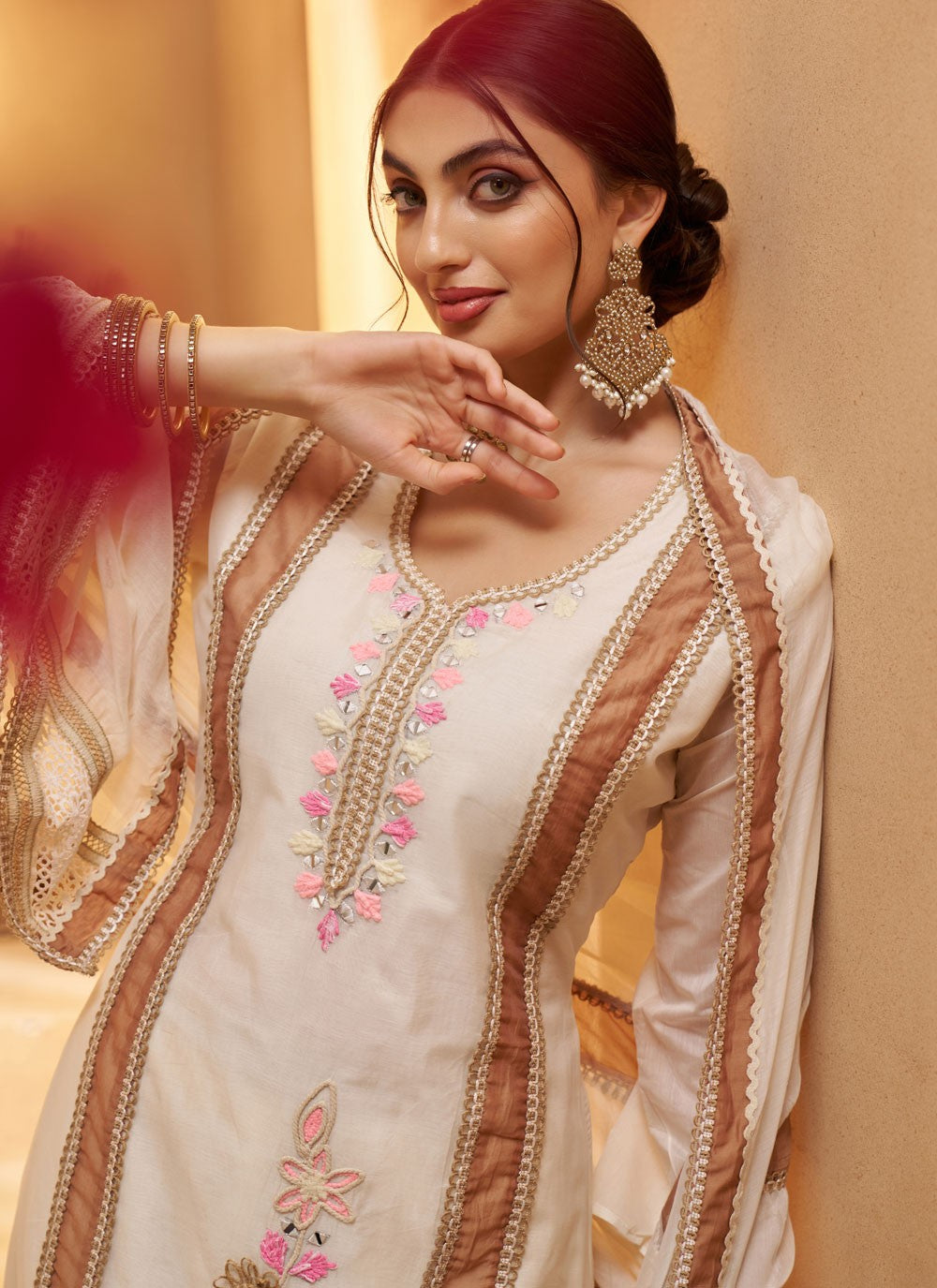Pant Style Suit Embroidered, Fancy Work, Mirror, Thread White T7943
