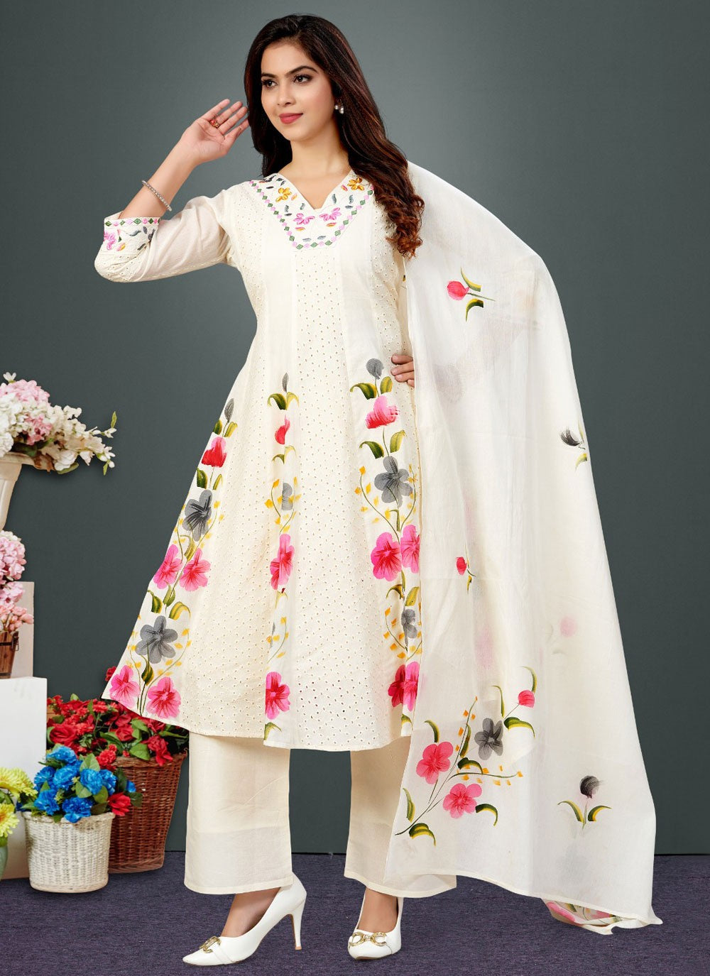 Pant Style Suit Embroidered, Floral Printed White T8395
