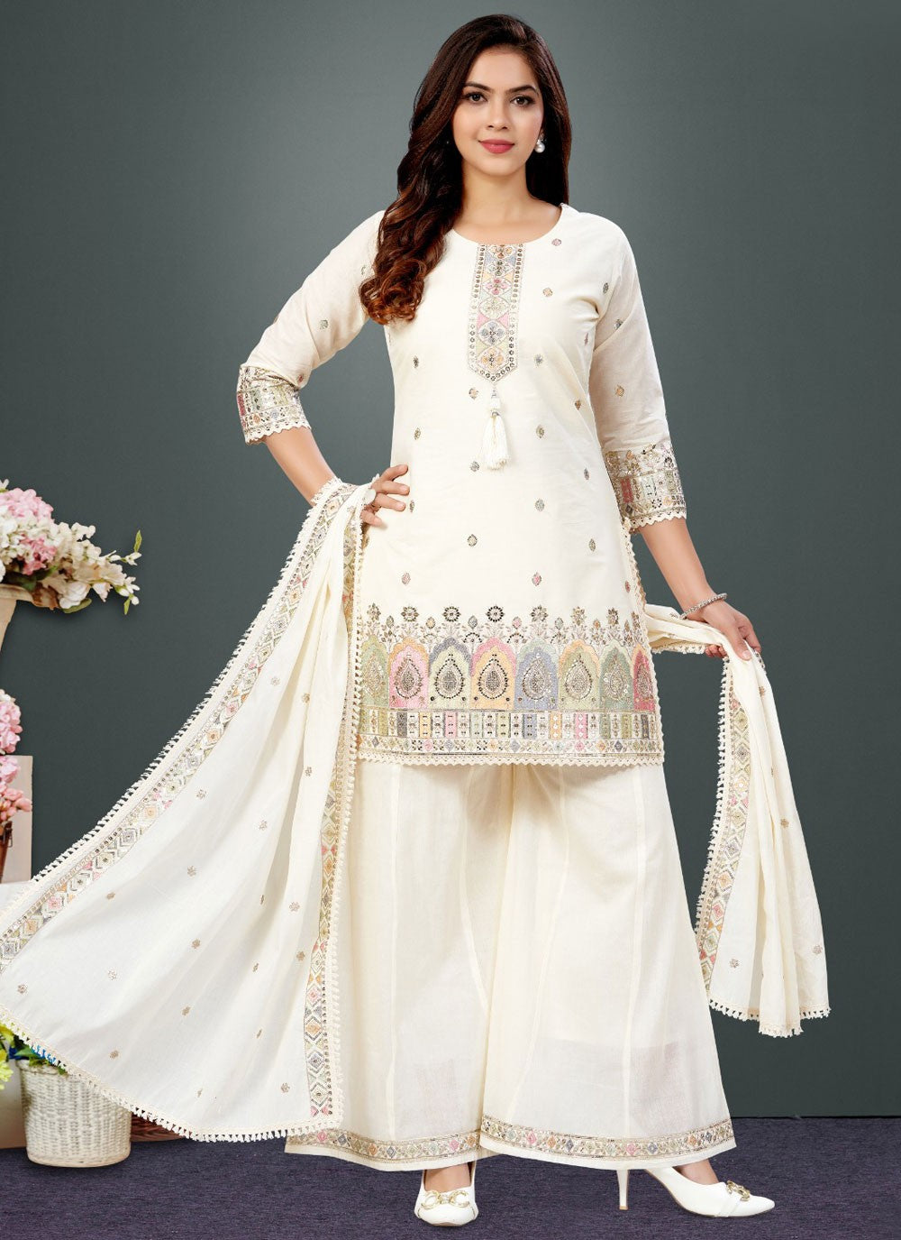 Readymade Style Embroidered, Floral Printed White T8400