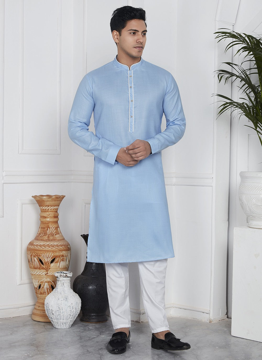 Fancy Work Cotton , Linen Blue Kurta Pyjama - M7101