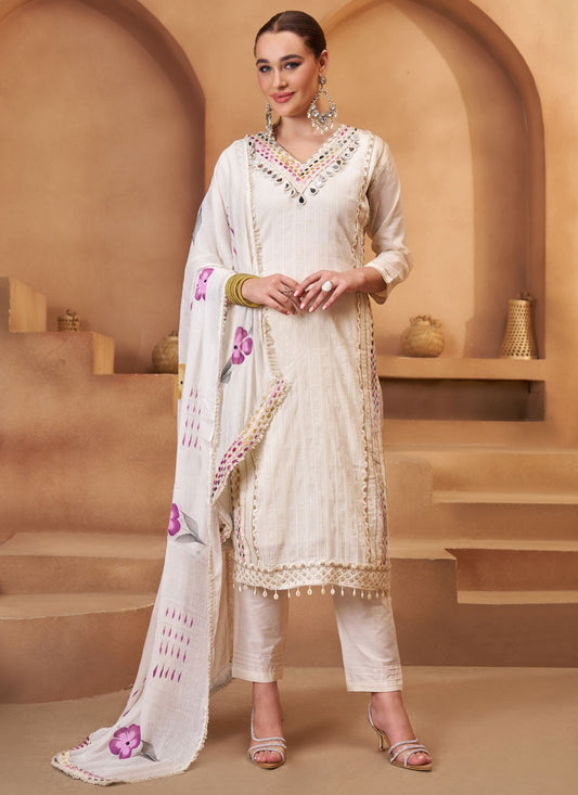 Pant Style Suit Fancy Work, Mirror, Thread White T7942