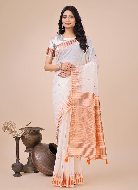 Weaving Zari Cotton White Classic Saree S15136