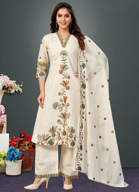 Pant Style Suit Embroidered, Floral Printed Off White T8399