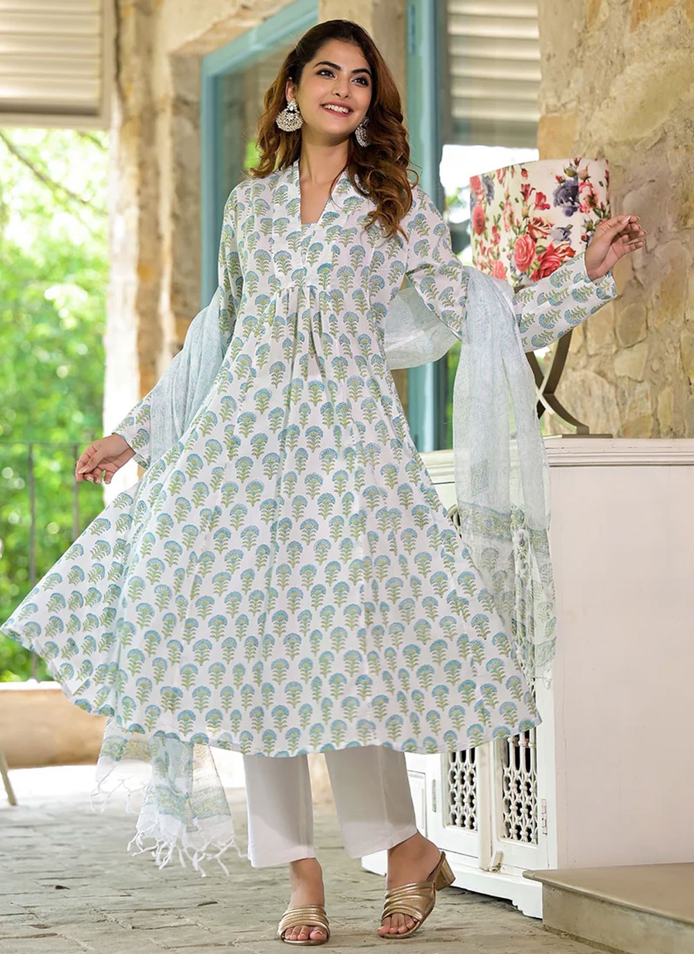 Anarkali Floral Printed White Cotton T5733