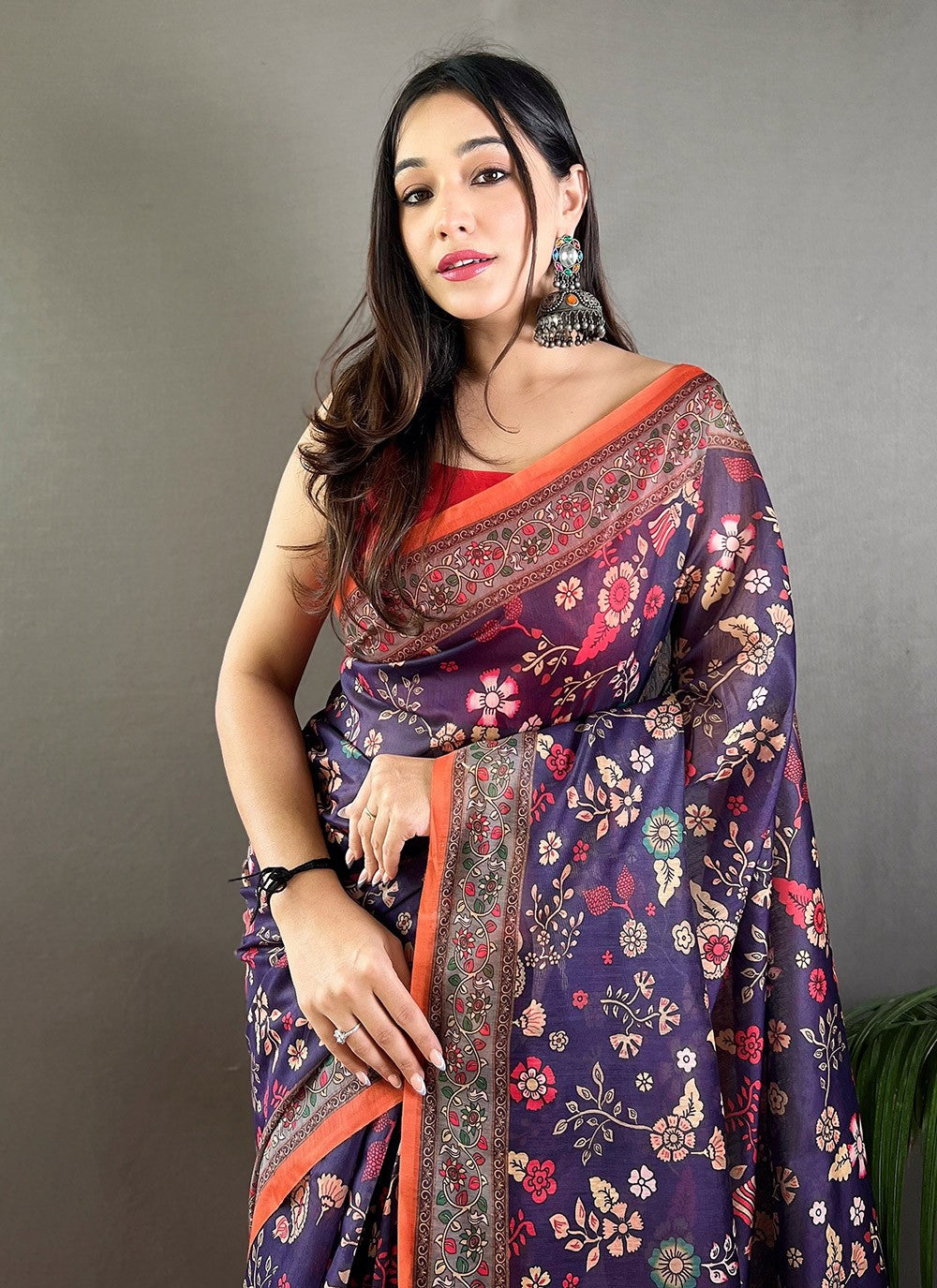 Traditional Floral Printed Blue Cotton Saree S13682
