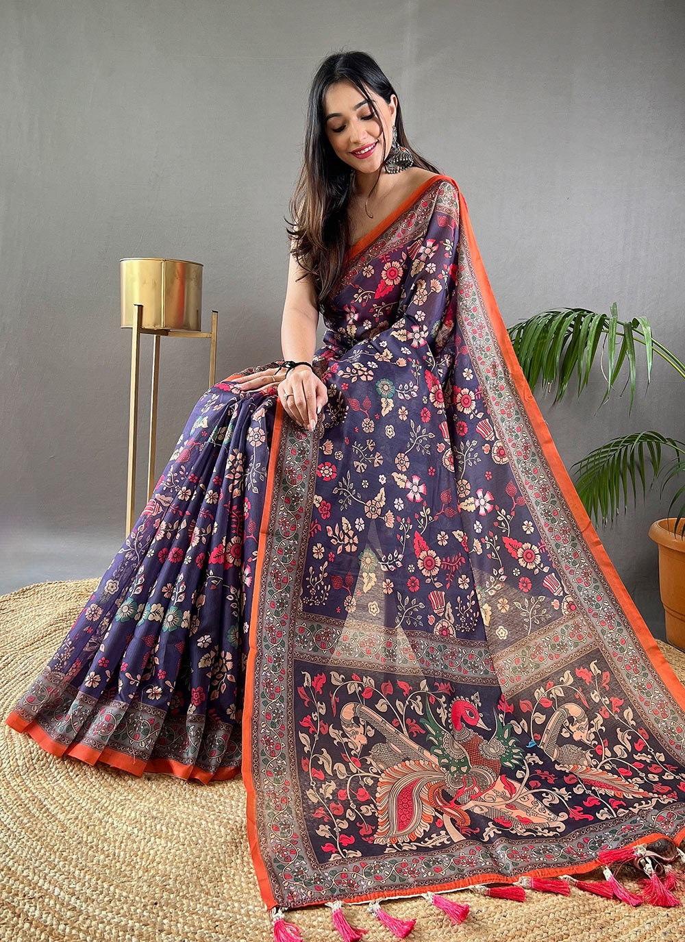 Traditional Floral Printed Blue Cotton Saree S13682
