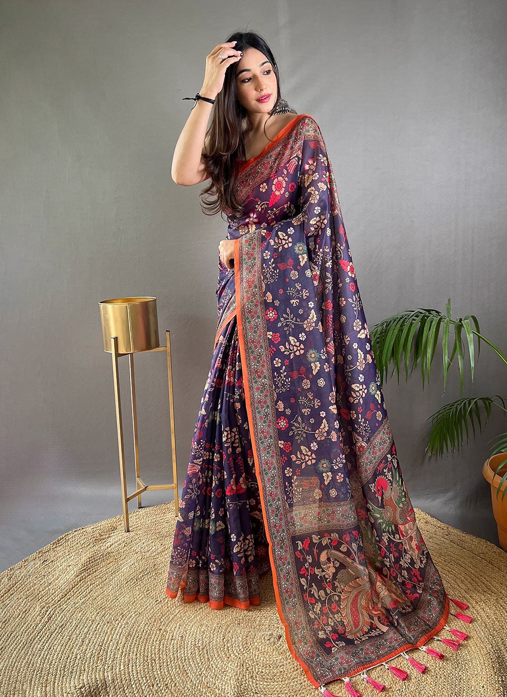 Traditional Floral Printed Blue Cotton Saree S13682