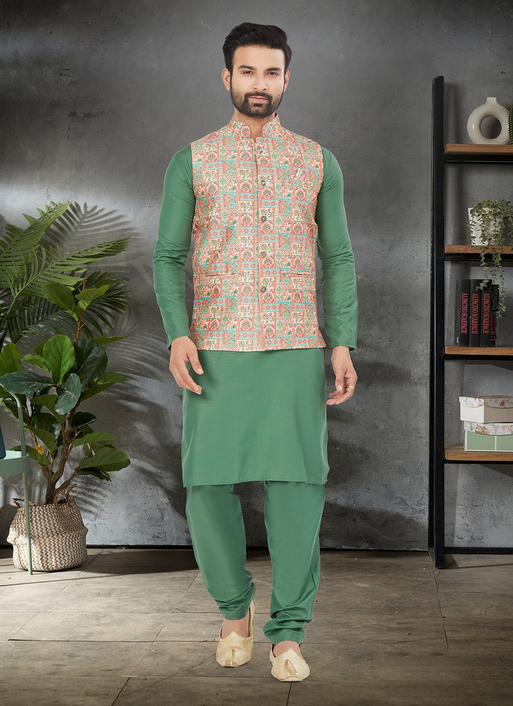 Digital Print Cotton , Silk Green, Multi Colour Kurta Payjama With Jacket - M6479