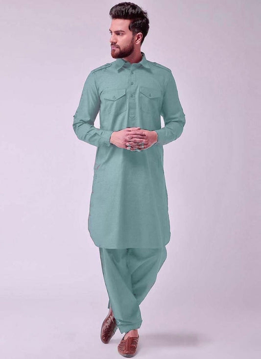 Plain Cotton Green Kurta Pyjama - M6873
