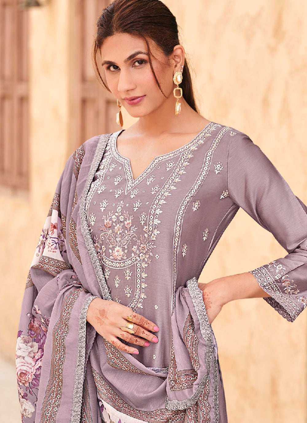 Pant Style Suit Embroidered Grey T7167