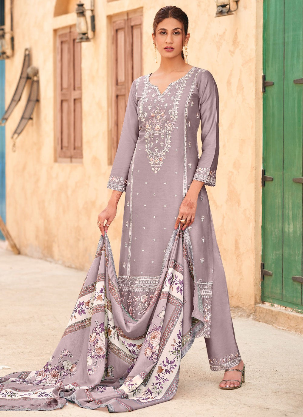 Pant Style Suit Embroidered Grey T7167