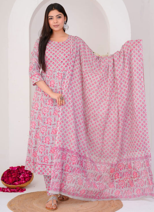 Pant Style Suit Floral Printed Grey Cotton T5706