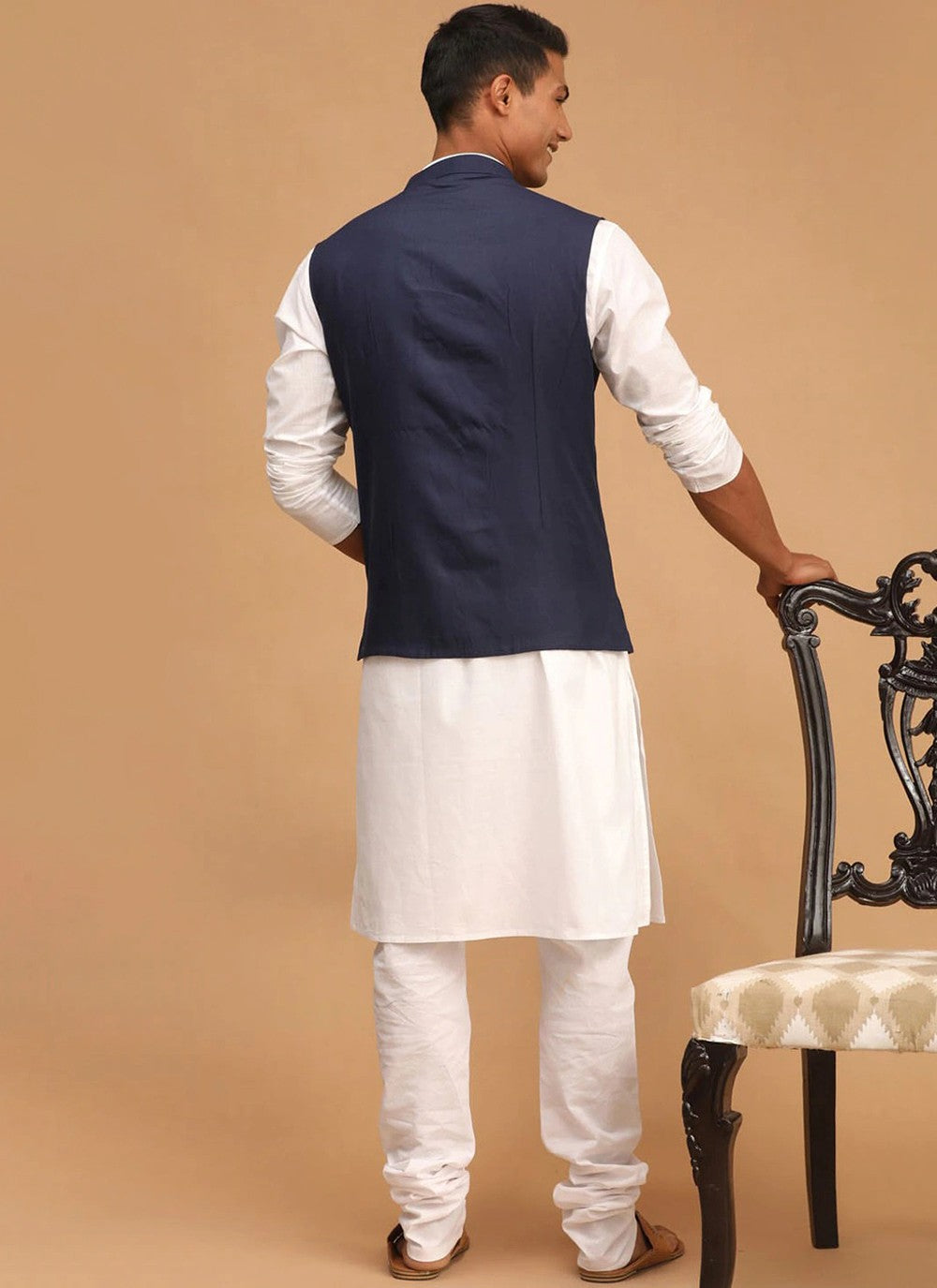 Plain Cotton Navy Blue, White Kurta Payjama With Jacket - M6281