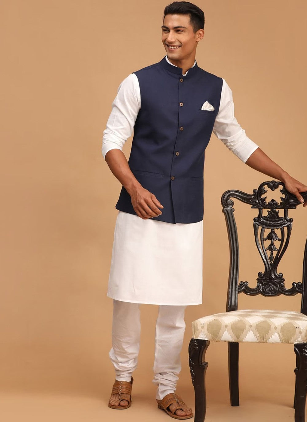 Plain Cotton Navy Blue, White Kurta Payjama With Jacket - M6281