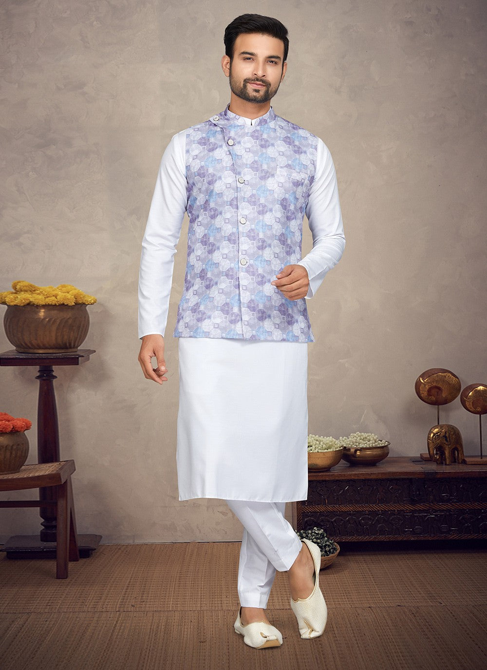 Digital Print Cotton Lavender, White Kurta Payjama With Jacket - M5837