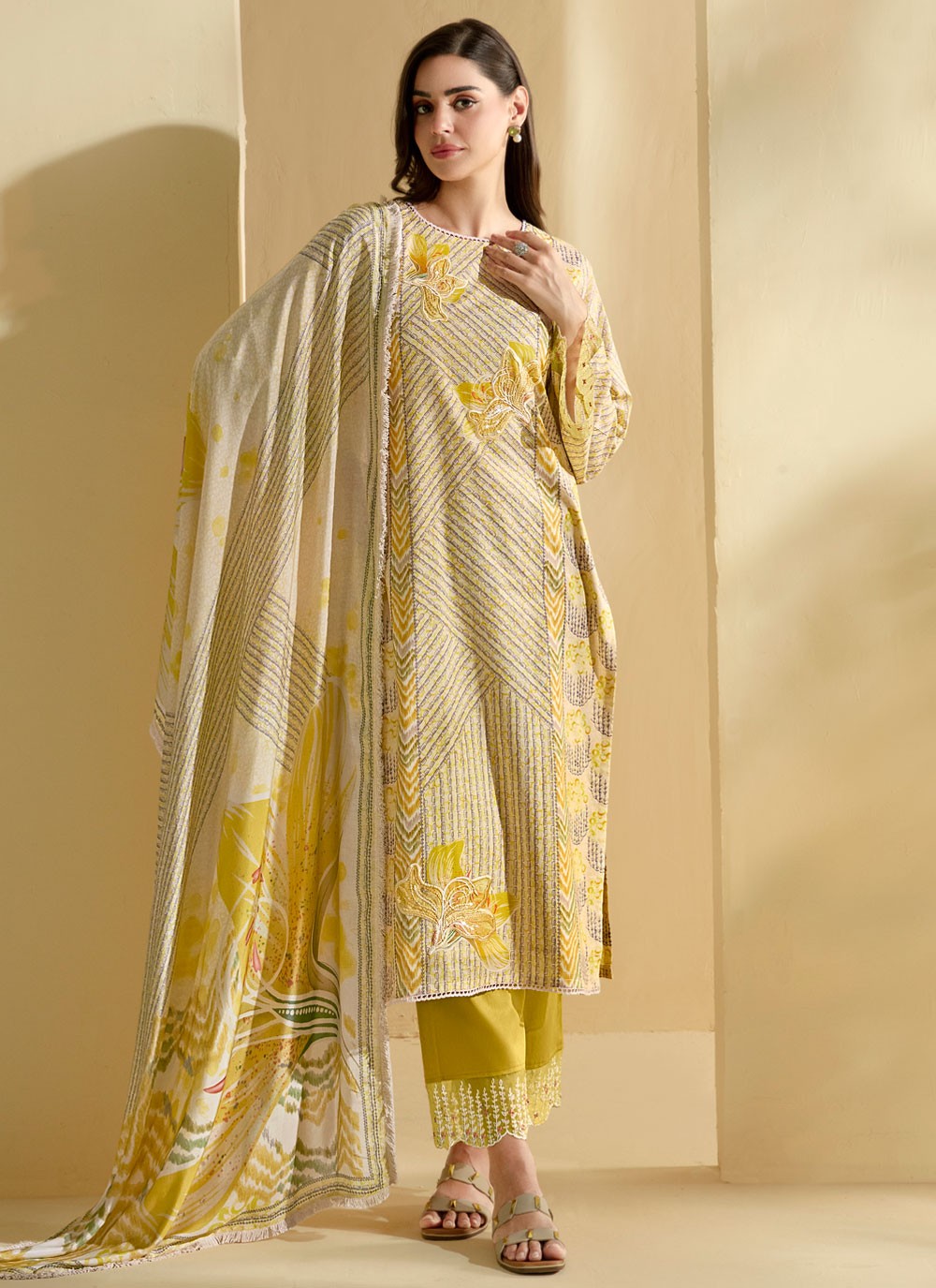 Pant Style Suit Beads, Digital Print, Embroidered, Resham, Sequins Mustard T7296