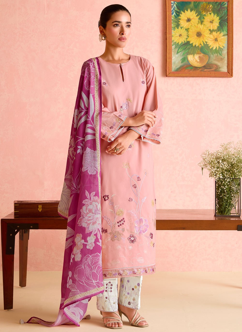 Embroidered Cotton Lawn Pink Salwar Suit T6453