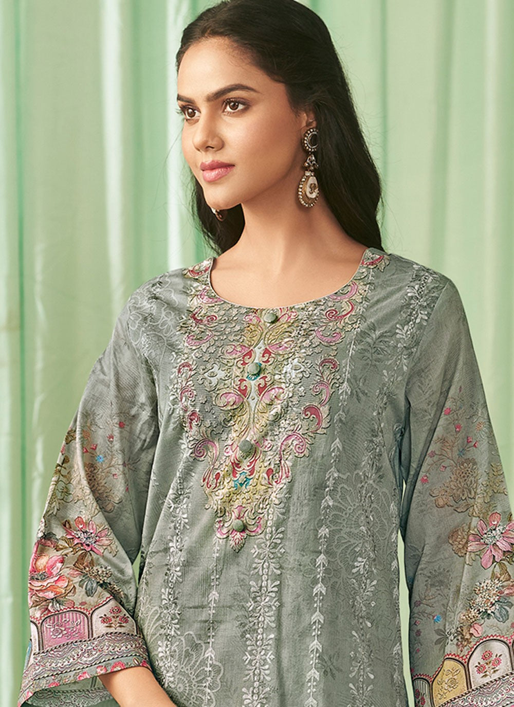 Pant Style Suit Digital Print, Embroidered, Resham Thread Work Green T8124