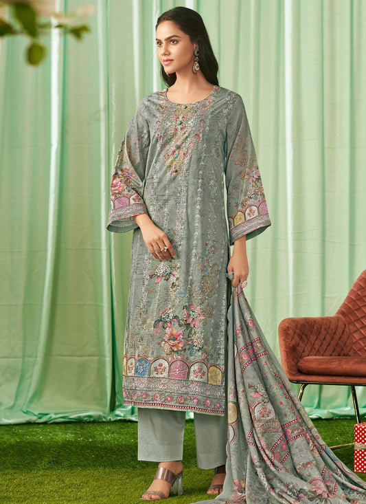 Pant Style Suit Digital Print, Embroidered, Resham Thread Work Green T8124