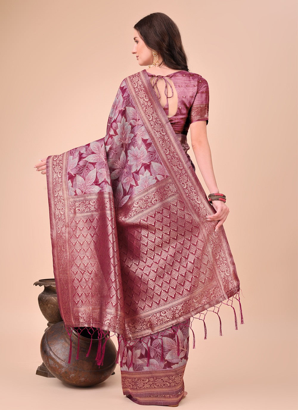 Floral Printed Cotton Magenta Classic Saree S15120