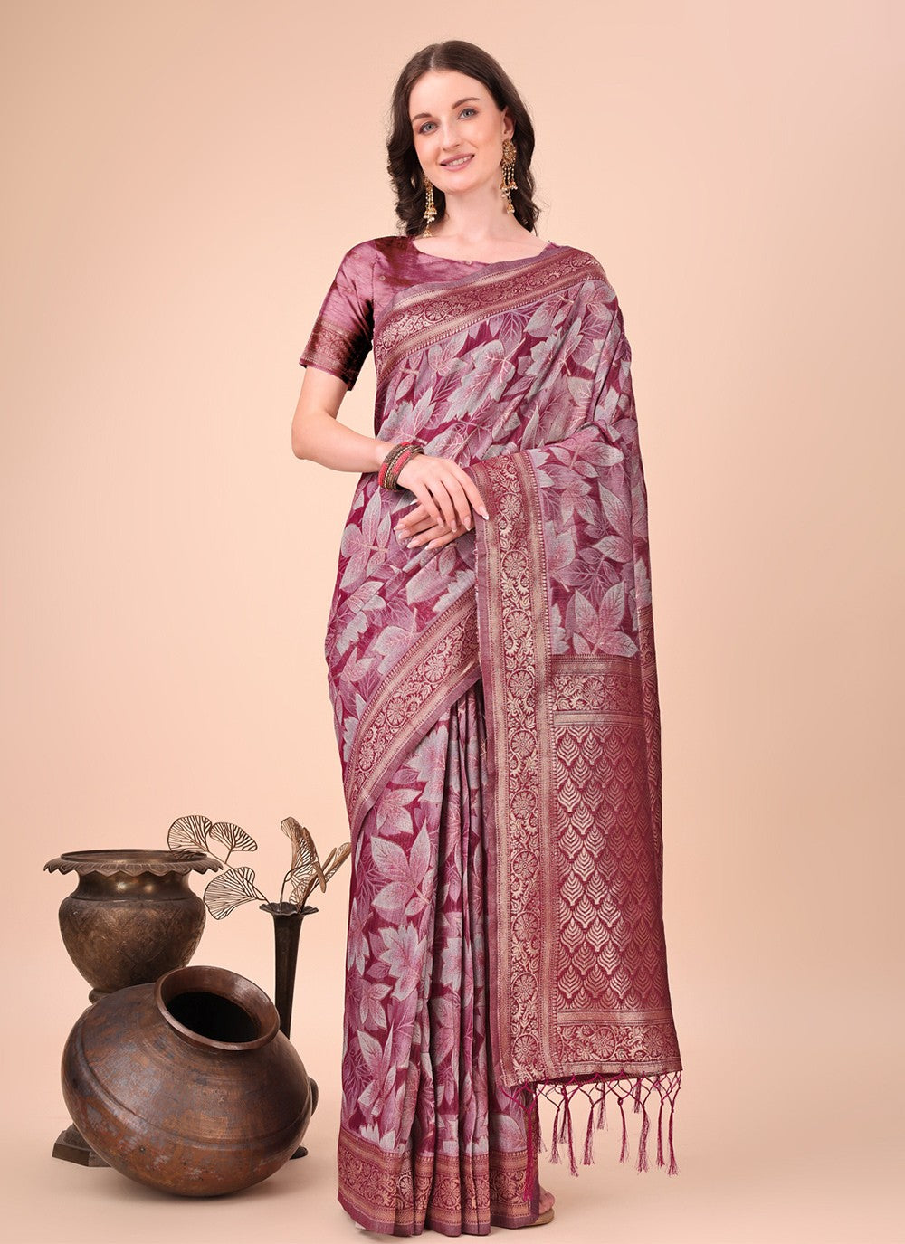Floral Printed Cotton Magenta Classic Saree S15120