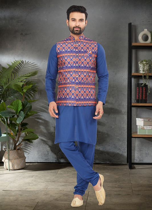 Digital Print Cotton , Silk Multi Colour, Navy Blue Kurta Payjama With Jacket - M6481