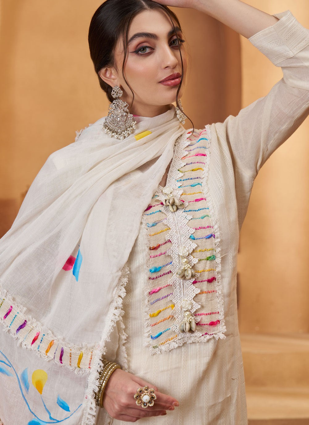 Pant Style Suit Fancy Work, Multi Work, Thread White T7944
